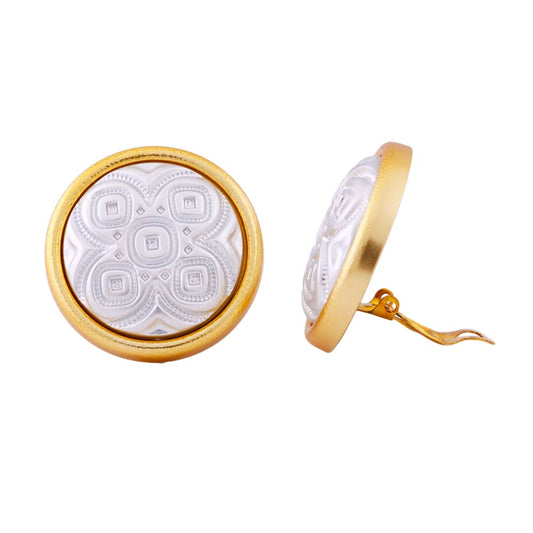 Clip earring 31mm bicolor pattern silver and gold colored plastic