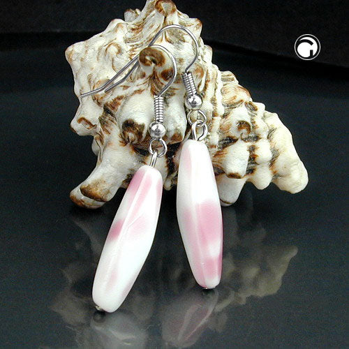 Ear hook earrings earrings 46x7mm square olive glass white-pink