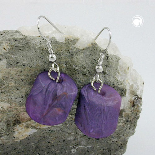 Ear hook earrings earrings 37x15mm slanted bead plastic purple-marbled-matt