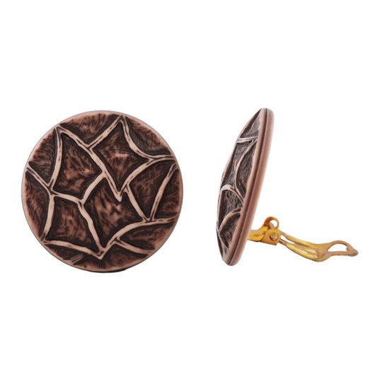 Clip earring 30mm flat brown-beige patterned plastic