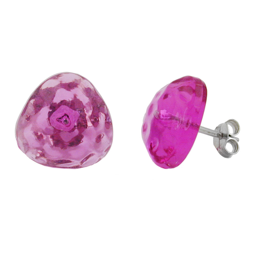Stud earring 14mm triangle pink-transparent hammered plastic