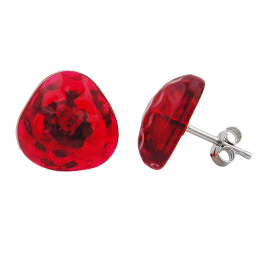 Stud earring 14mm triangle red-transparent hammered plastic