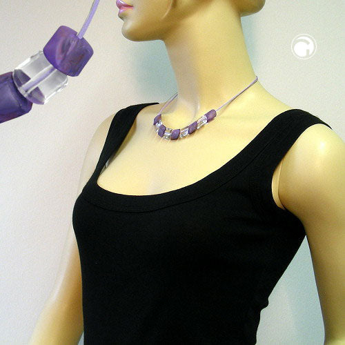 Necklace slanted bead plastic lilac and crystal clear cord purple and wire 45cm