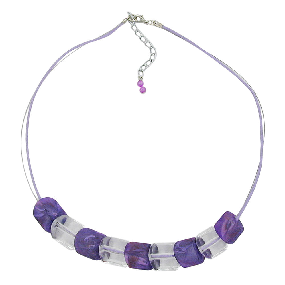 Necklace slanted bead plastic lilac and crystal clear cord purple and wire 45cm