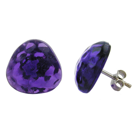 Stud earring 14mm triangle purple-transparent hammered plastic