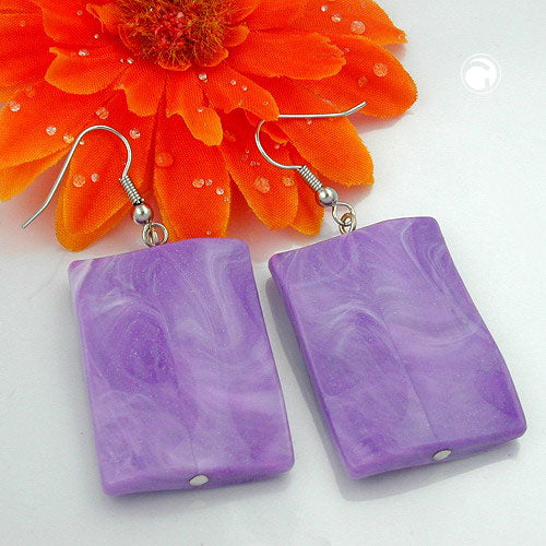 Ear hooks earrings earrings 56x25mm square plastic lilac-white-marbled
