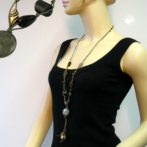 Kette 28mm Kunststoff Scheibe oliv seidig-glänzend Kordel oliv 90cm