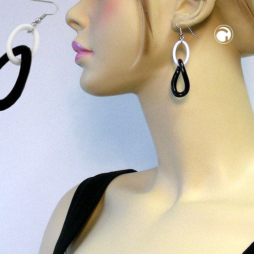 Ear hook earrings 73x18mm chain links black and white plastic
