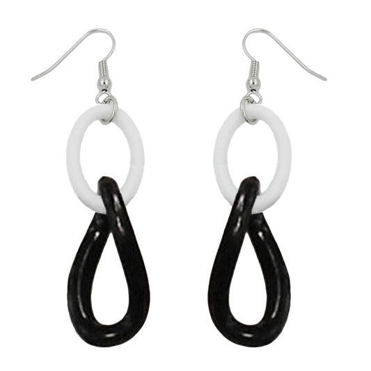 Ear hook earrings 73x18mm chain links black and white plastic