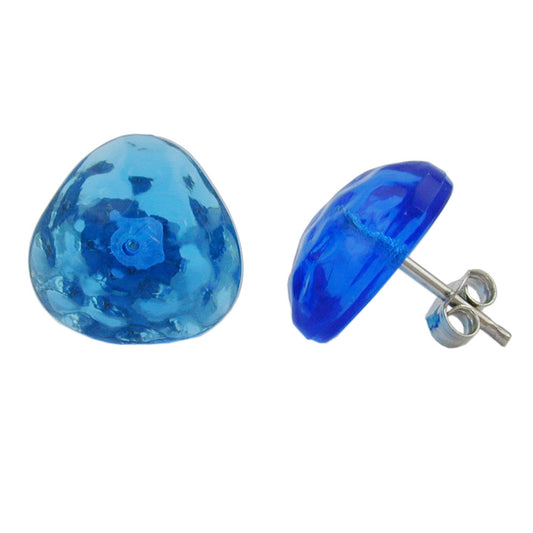 Stud earring 14mm triangle blue-transparent hammered plastic