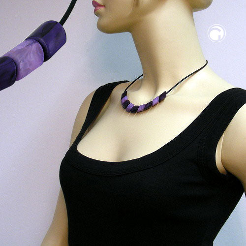 Necklace slanted bead plastic purple-silky and lilac-marbled solid rubber black 45cm
