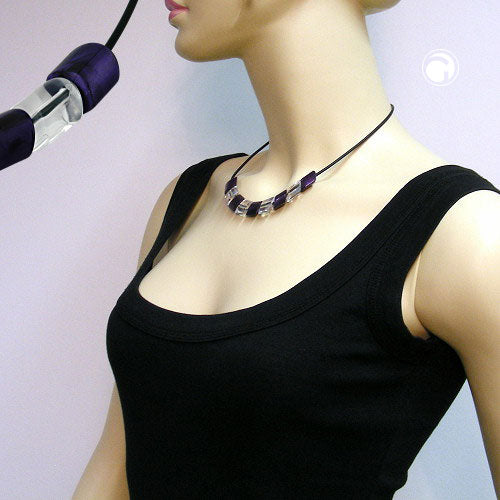 Necklace slanted bead plastic purple-silky and crystal-clear-transparent solid rubber black 45cm