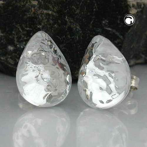 Stud earring 14mm drop crystal-silver-mirrored hammered plastic