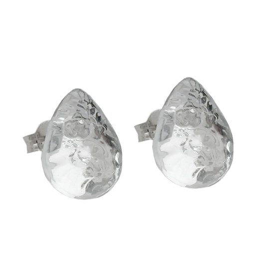 Stud earring 14mm drop crystal-silver-mirrored hammered plastic