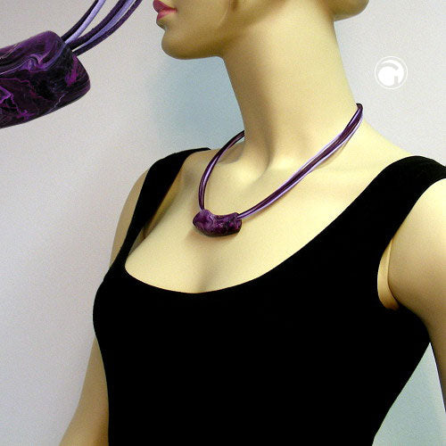 Chain 54x19mm pendant tube flat bent dark purple-white-marbled shiny plastic 45cm