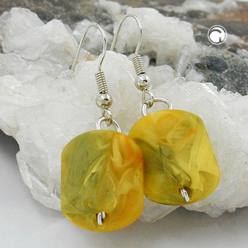 Ear hook earrings earrings 37x15mm slanted bead plastic yellow-olive-marbled-matt