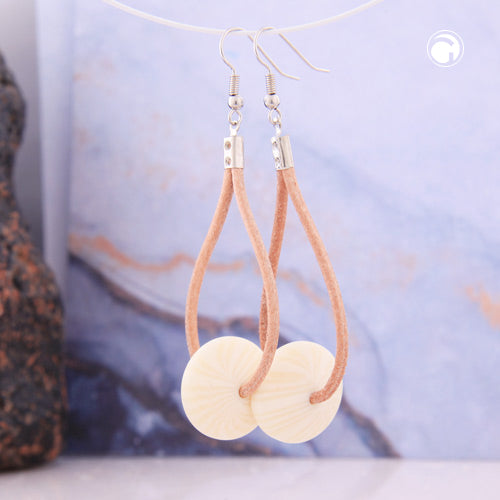 Ear hook earrings 80mm leather strap natural with plastic pearl wheel cream-colored