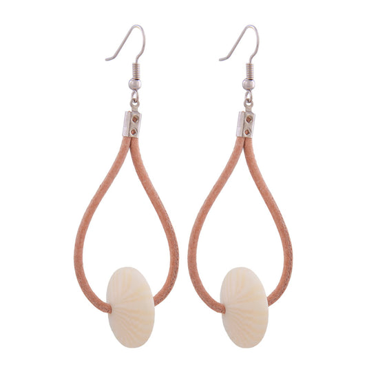 Ear hook earrings 80mm leather strap natural with plastic pearl wheel cream-colored