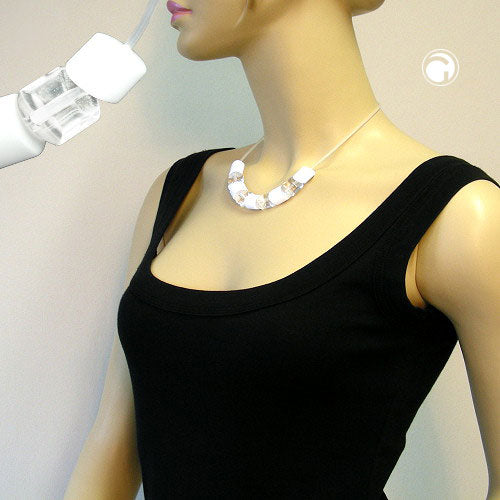 Necklace slanted pearl white and crystal clear plastic beads with silicone cord white 45cm