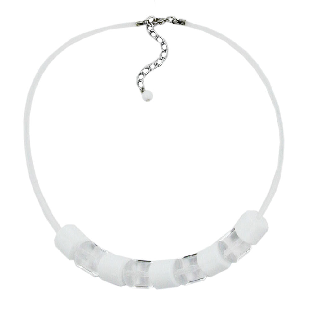 Necklace slanted pearl white and crystal clear plastic beads with silicone cord white 45cm