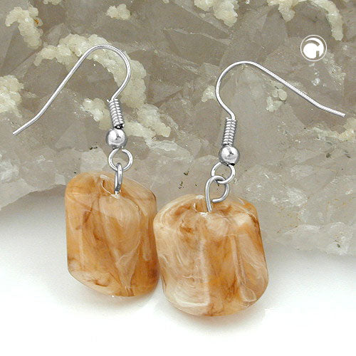Ear hook earrings earrings 37x15mm slanted bead plastic beige-horn-marbled-matt