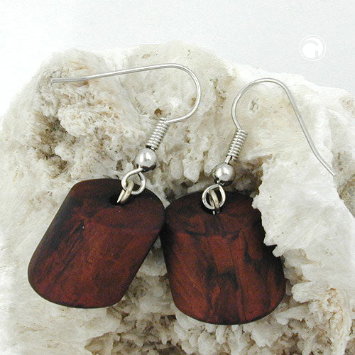 Ear hook earrings earrings 37x15mm slanted bead plastic brown-metallic-marbled-matt
