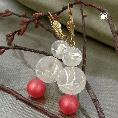 Ear clip earrings 52mm gold-colored plastic pearl red-silky and crystal-white speckled
