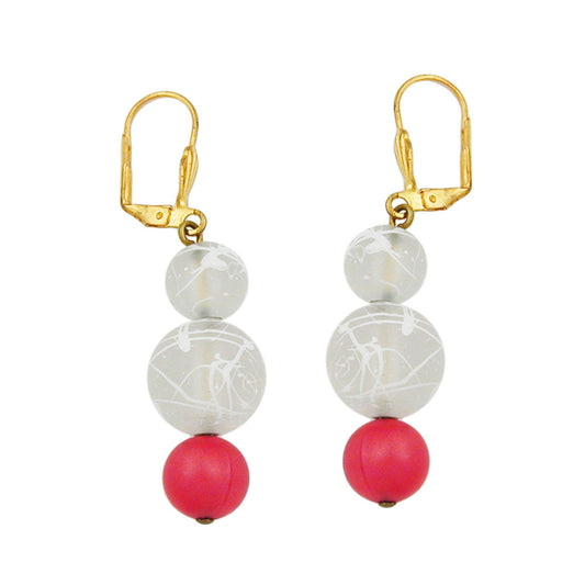Ear clip earrings 52mm gold-colored plastic pearl red-silky and crystal-white speckled