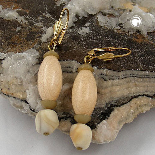 Ear clip earrings 52mm gold-colored wooden bead light natural and plastic bead light beige marbled