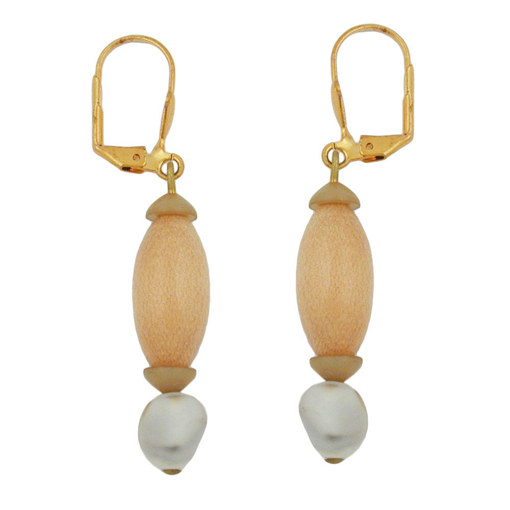 Ear clip earrings 52mm gold-colored wooden bead light natural and plastic bead light beige marbled