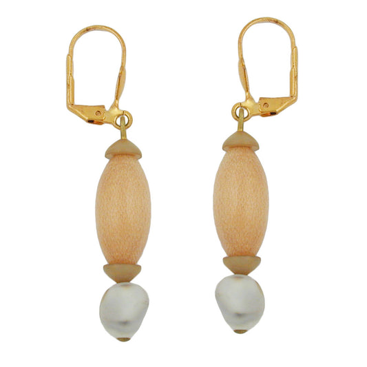 Ear clip earrings 52mm gold-colored wooden bead light natural and plastic bead light beige marbled