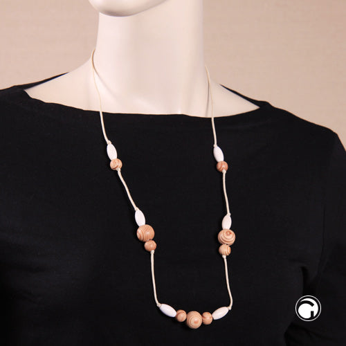 Necklace white wooden olives with wooden beads Finnish fir cord natural color 70cm
