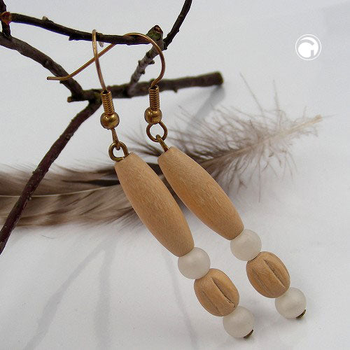 Ear hook earrings 60mm wooden bead light and plastic bead white-satin matt