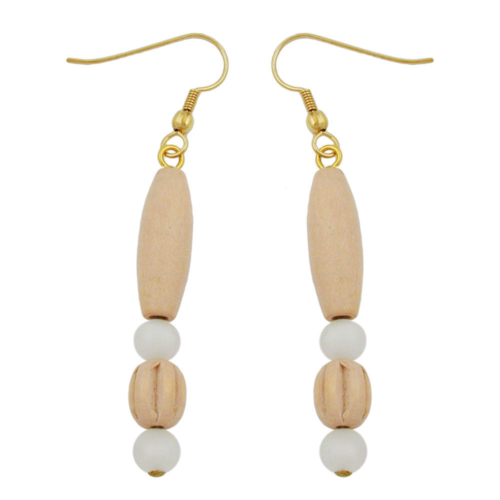 Ear hook earrings 60mm wooden bead light and plastic bead white-satin matt