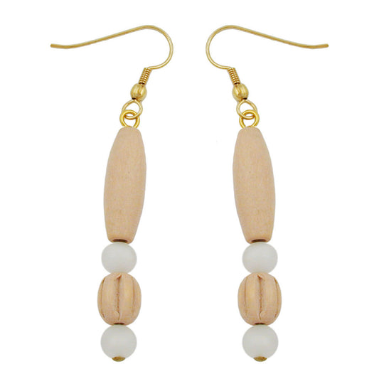 Ear hook earrings 60mm wooden bead light and plastic bead white-satin matt