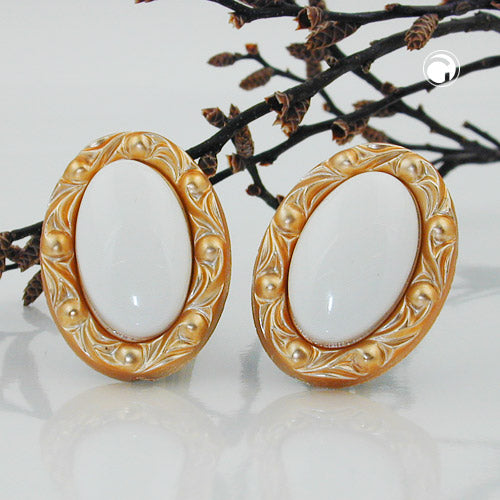 Clip earring 30x21mm oval white with frame gold-colored plastic button