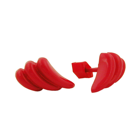 Ear stud earring 8x15mm bow tail grooved red-glossy plastic solid plastic