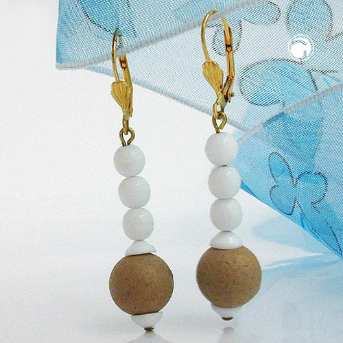 Ear clip earrings 55mm gold-colored glass beads white and plastic pearl light brown
