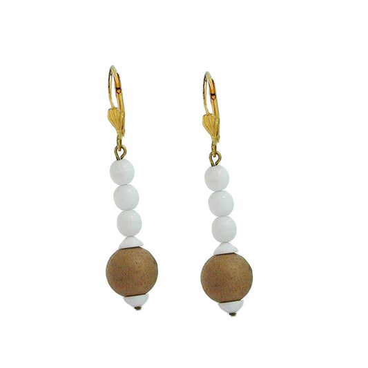 Ear clip earrings 55mm gold-colored glass beads white and plastic pearl light brown