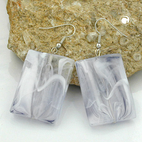 Earring hooks earrings 35x25mm square plastic wavy white-grey shiny