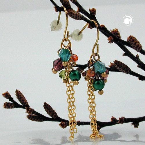 Ear hook earrings 45mm pearls in green and brown chain gold-colored