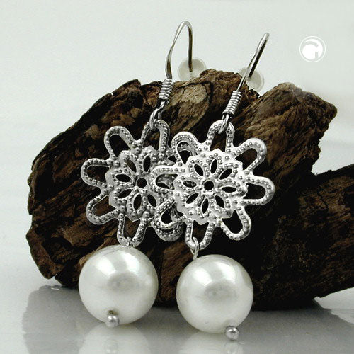 Ear hook earrings 45mm flower with glass pearl white wax