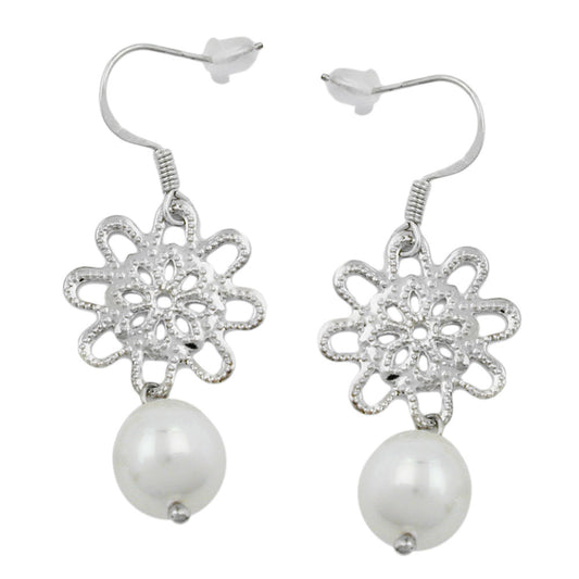 Ear hook earrings 45mm flower with glass pearl white wax
