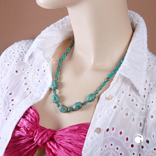 Kette Krokoperle und Olive türkisgrün mit patina Kunststoff 55cm