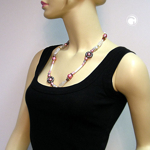 Kette altsilberfarbene Ringperle rosa-weiß-altsilber-gold Kunststoff 60cm