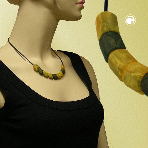 Necklace slanted bead plastic yellow-marbled and green-marbled solid rubber black 45cm