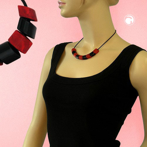 Necklace slanted bead plastic red-marbled-matt and black solid rubber black 45cm