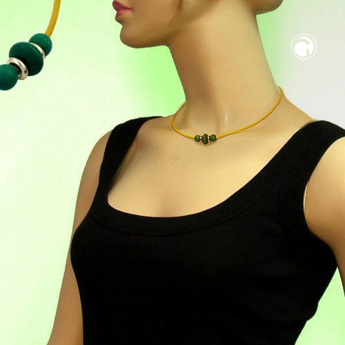 Necklace with 3 wooden beads, dark green, leather strap, yellow, 42 cm