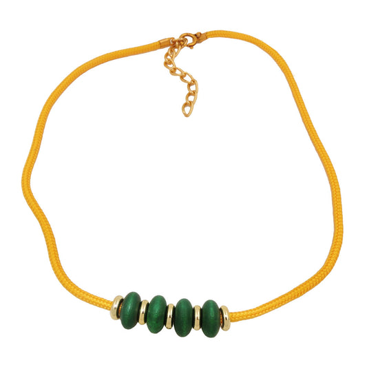 Necklace with 4 wooden beads, dark green, yellow cord, 42 cm