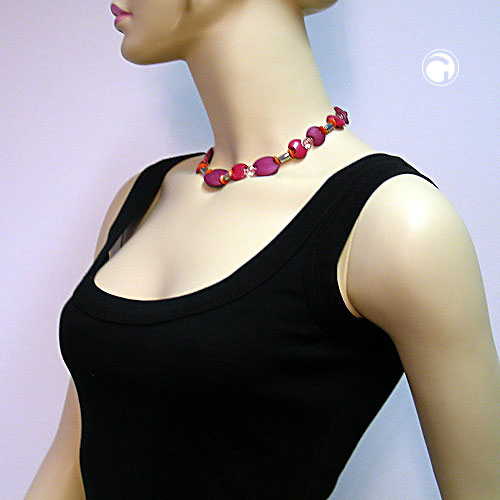 Kette 17mm und 23mm Scheiben pink und Perlen weiß-transparent Kunststoff 42cm